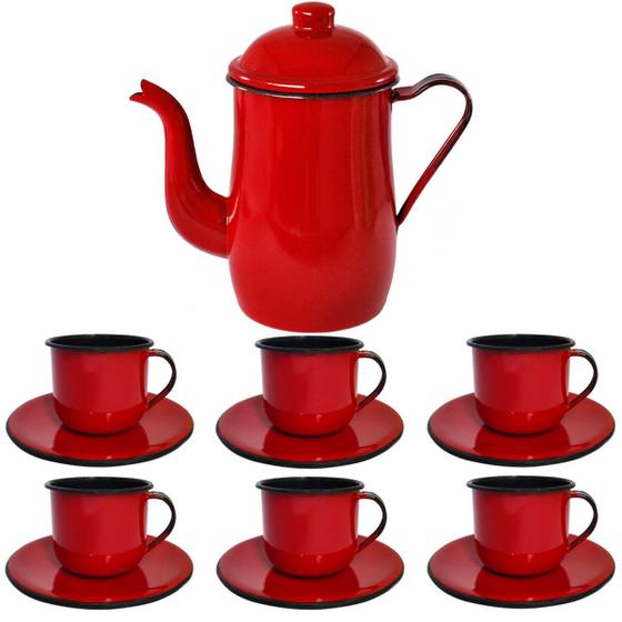 Imagem de Kit Bule De Café E Chá Com 6 Xícaras e Pires Aço Esmaltado