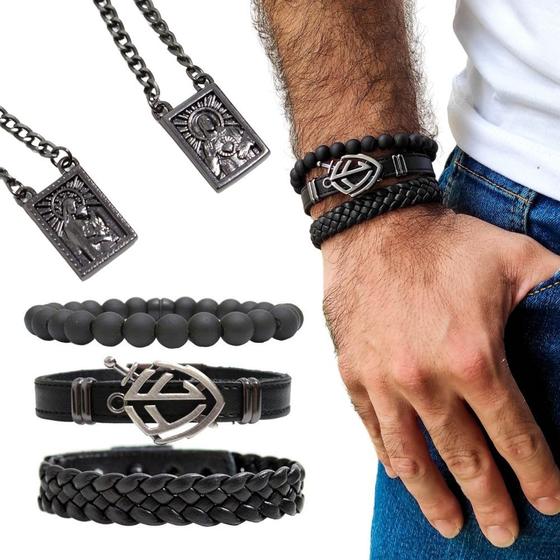 Imagem de Kit C/03 Pulseiras de Couro Masculina Fé + Escapulário Grafite Proteção