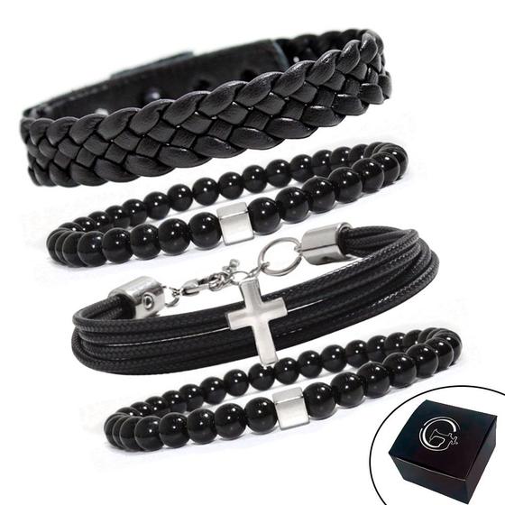 Imagem de KIT C/04 Pulseiras de Couro Masculina Cruz Crucifixo Trançada+ Bolinhas