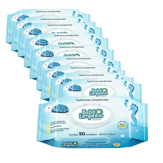 Imagem de Kit c/ 10 Pacotes de Lenço Toalhas Umedecidas Aloe Vera Bebê Limpinho Premium c/ 90un
