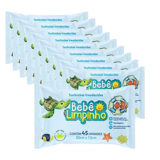 Imagem de Kit c/ 10 Pacotes Lenços Toalhas Umedecidas Aloe Vera Bebê Limpinho c/45un