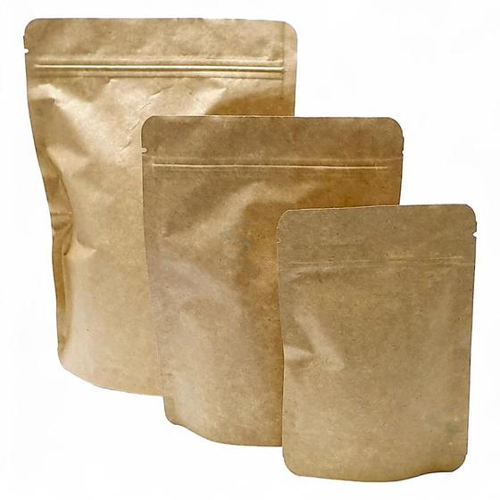 Imagem de Kit c/ 100 Embalagens Kraft  P/ Café 250g Stand Up Pouch Zip Kraft Com Alumínio Interno 17X23