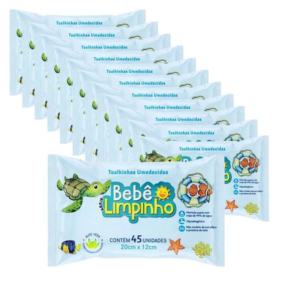 Imagem de Kit c/ 12 Pacotes Lenços Toalhas Umedecidas Aloe Vera Bebê Limpinho c/45un