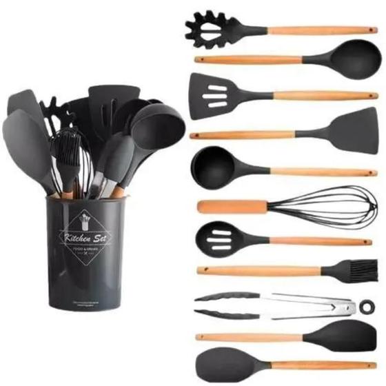 Imagem de Kit C/12 Utensílios Cozinha Silicone Cabo Madeira Cor Preto