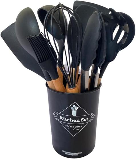 Imagem de Kit c/ 12 Utensílios de Cozinha Silicone - Cabo de Madeira - Livre de BPA