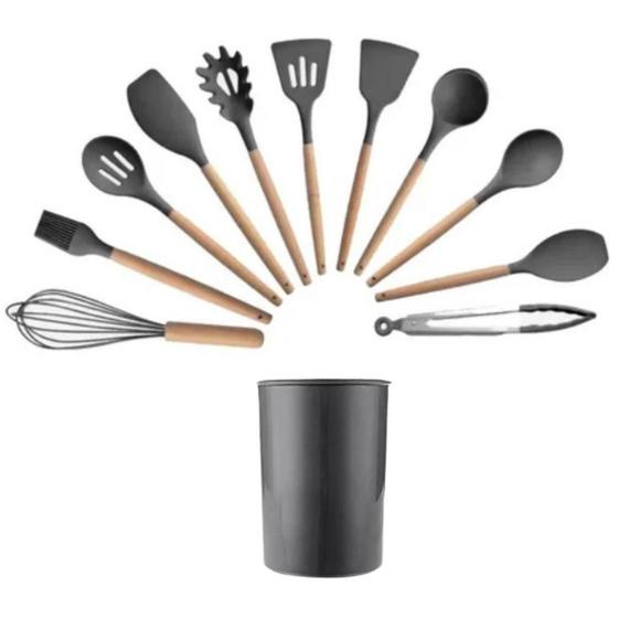 Imagem de Kit C/12 Utensílios De Cozinha Silicone Cabo Madeira