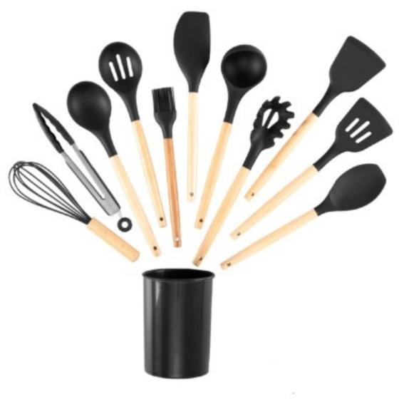 Imagem de Kit C/12 Utensílios De Cozinha Silicone Cabo Madeira