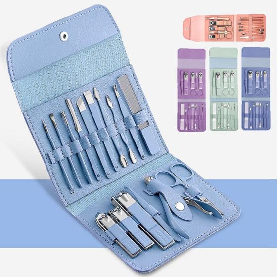 Imagem de Kit c/ 16 Pçs Set Ear Colher Cortador De Unhas Pedicure Tesoura Prego Conjunto De Ferramentas Em Aço Inoxidável Com Bolsa Dobrável