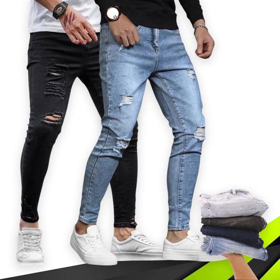 Imagem de Kit c/ 2 Calças Jeans SKINNY RASGADA Masculina Slim Elastano Sport 1050