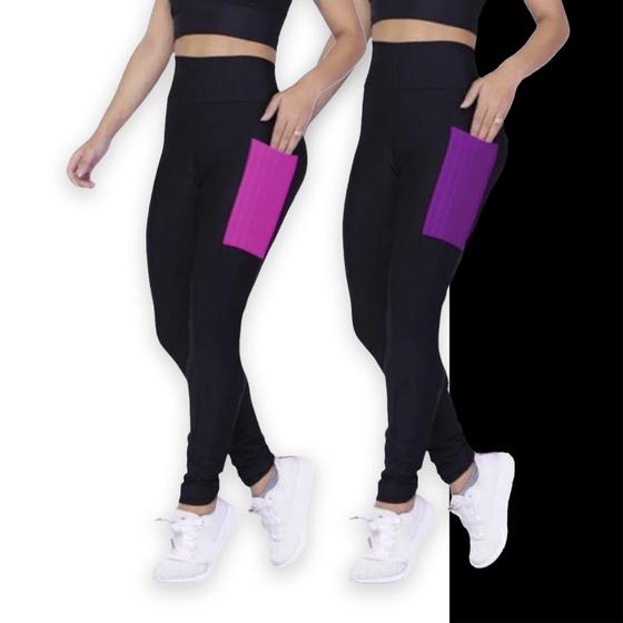 Imagem de Kit c/ 2 CALÇAS LEG Legging COM BOLSOS Cintura Alta Fitness Treino Casual Corrida Academia 1028