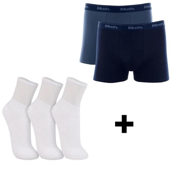 Imagem de Kit C/ 2 Cuecas Boxer Basic Cotton Mash Tam:GGCor:AzulMarAzulJeans08 + 3 Pares De Meia Unissex Trifil Tam:39Cor:Branco