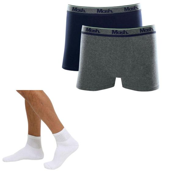 Imagem de Kit C/ 2 Cuecas Boxer Masc. Basic Cotton Mash Tam:MCor:AzulMescla + 6 Pares Meia Cano Médio Masc. Tam:39Cor:Branco