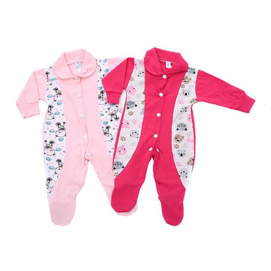 Kit C/2 Macacão De Malha Bebê Estampado Feminino RN Menor preço em Kit C/2 Macacão De Malha Bebê Estampado Feminino RN