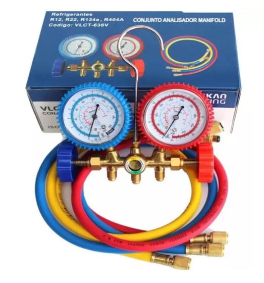 Imagem de Kit c/2 manifolds vulkan p/r12 r22 r404 c/mangueira 90 cm c/visor