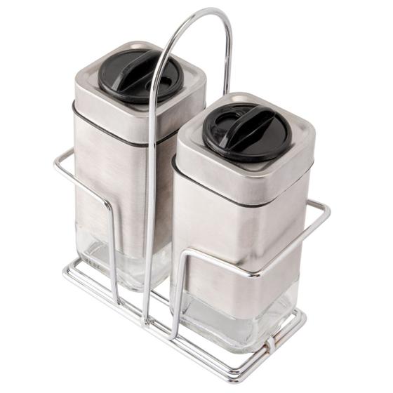 Imagem de Kit C/ 2 Unidades Porta Temperos Inox Vidro Suporte Aço inox