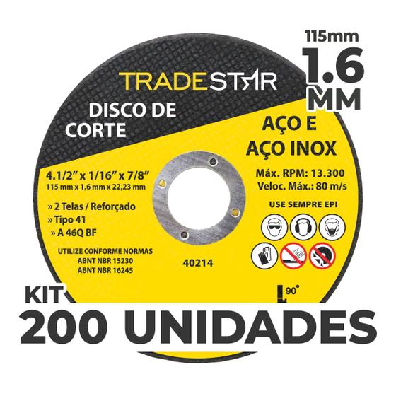 Imagem de Kit c/ 200 Disco de Corte Metal 4.1/2" 115x1,6 mm