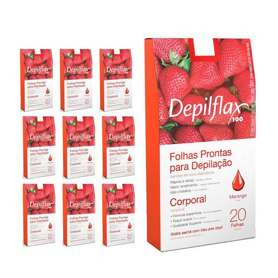 Imagem de Kit c/ 200 Folhas Prontas Depilação Corporal Depilflax Morango 10cx c/ 20un