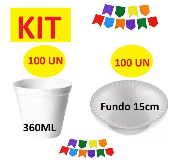 Imagem de Kit C/200 Un Descartáveis Isopor Potes 360Ml E Cumbucas 15Cm