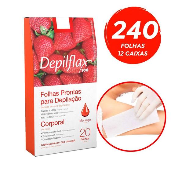 Imagem de Kit c/ 240 Folhas Prontas Depilação Corporal Depilflax Morango 12cx c/ 20un