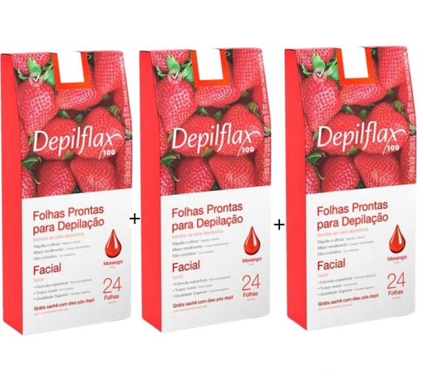 Imagem de Kit c/ 3 caixas de folhas para depilação facial morango depilflax c/24 unid cada