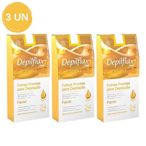 Imagem de Kit c/ 3 caixas de folhas para depilação facial natural depilflax c/24 unid cada