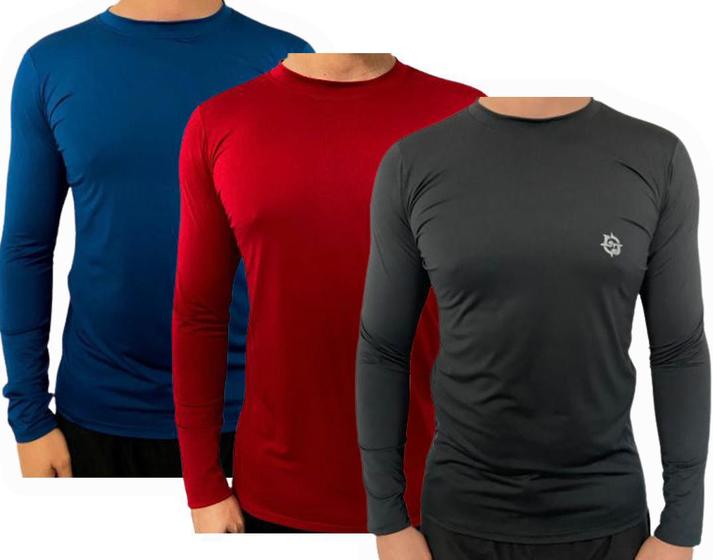 Imagem de Kit c/ 3 camisas uv térmicas ice proteção solar uv50+ unissex segunda pele preto vermelho azul