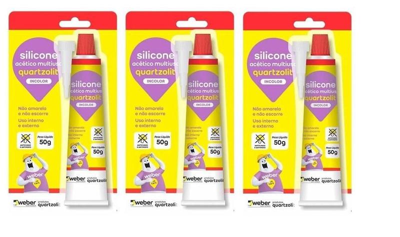 Imagem de Kit C/3 Cola Adesivo Silicone Acético Incolor 50g Quartzolit