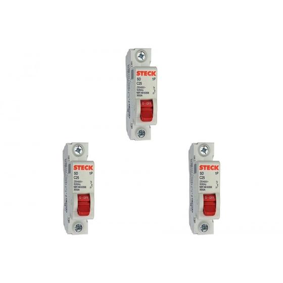 Imagem de Kit C/3 - Disjuntor Steck Din Unipolar 25A Sd61 C  Sdd61C25