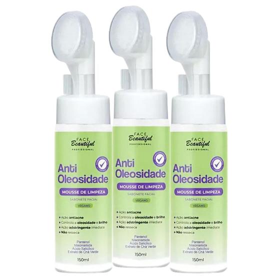 Imagem de Kit c/ 3 Mousse de Limpeza Sabonete Facial Antioleosidade Face Beautiful 