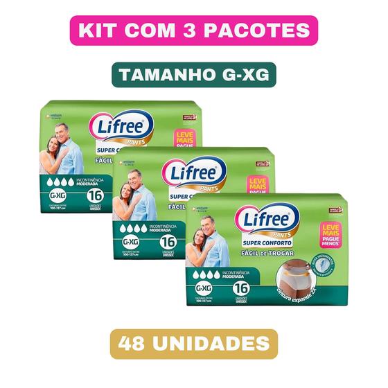 Imagem de Kit c/ 3 pacotes Fralda Calça Super Conforto Lifree Geriátrica G/XG Com 16 Unidades cada pacote