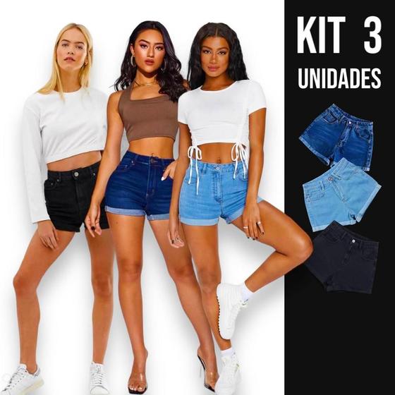 Imagem de Kit c/3 Shorts Jeans Femininos Bermuda Bolsos Casual Elastano Top 427