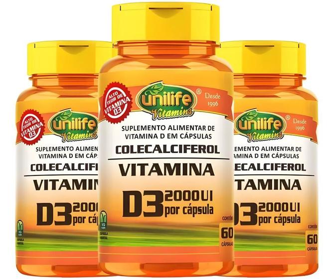 Imagem de KIT C/3 Un. Suplemento Vitamina D3 2000 Ui Colecalciferol 470mg 60 Capsulas - Unilife