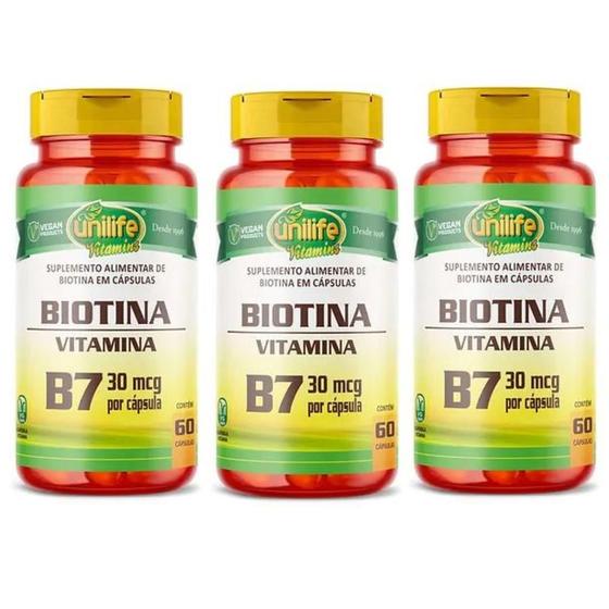 Imagem de KIT C/3 Vitamina B7 Biotina 180 Cáps Cabelos Unha Pele Unilife