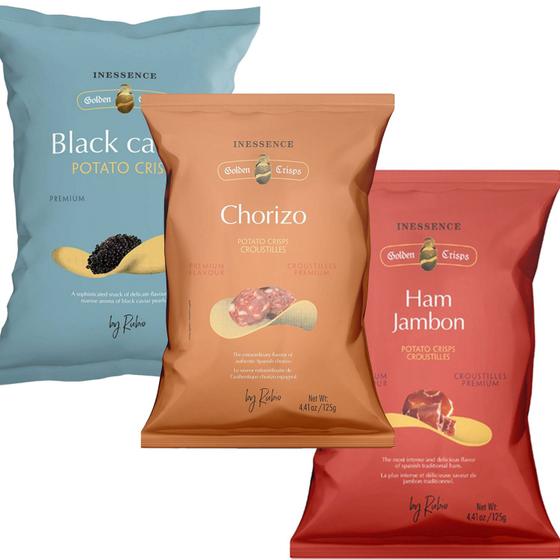 Imagem de Kit c/ 3und Chips Rubio  (Caviar, Chorizo, Presunto) 125g