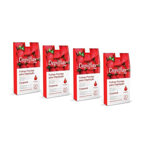 Imagem de Kit c/ 4 Caixas de Folhas para Depilação Corporal Morango depilflax c/24 unid