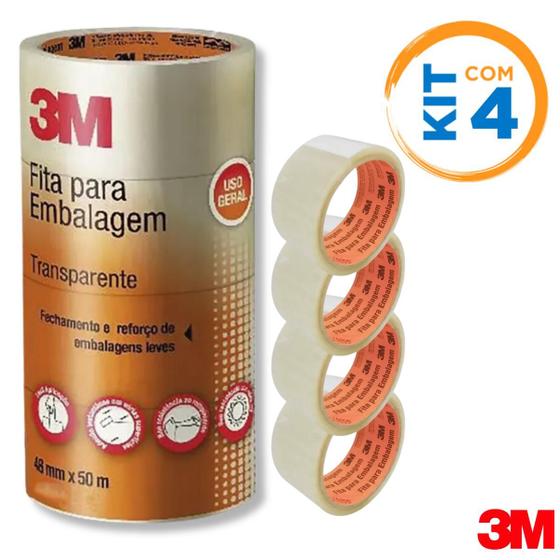 Imagem de Kit C/ 4 Fita Adesiva Durex Largo Transparente 3M 48mmx50m Empacotamento Embalagens