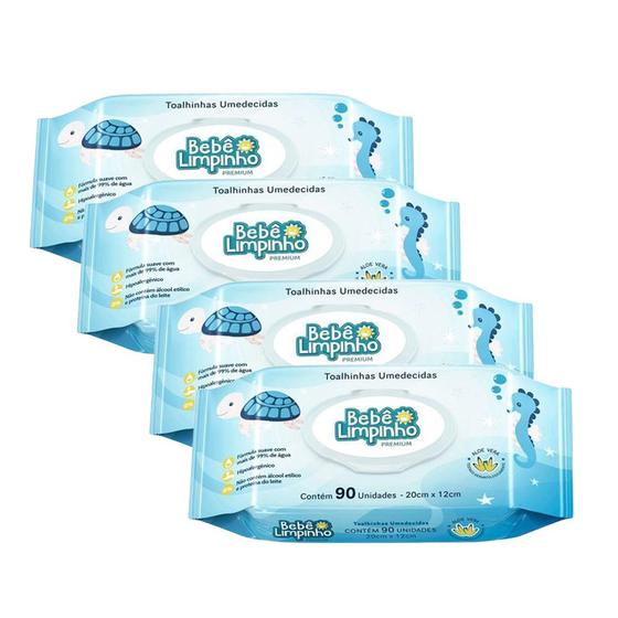 Imagem de Kit c/ 4 Pacotes de Lenço Toalhas Umedecidas Aloe Vera Bebê Limpinho Premium c/ 90un