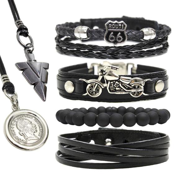 Imagem de Kit C/4 Pulseiras de Couro Masculina Motoqueiro harley davidson + Colares Ajustáveis