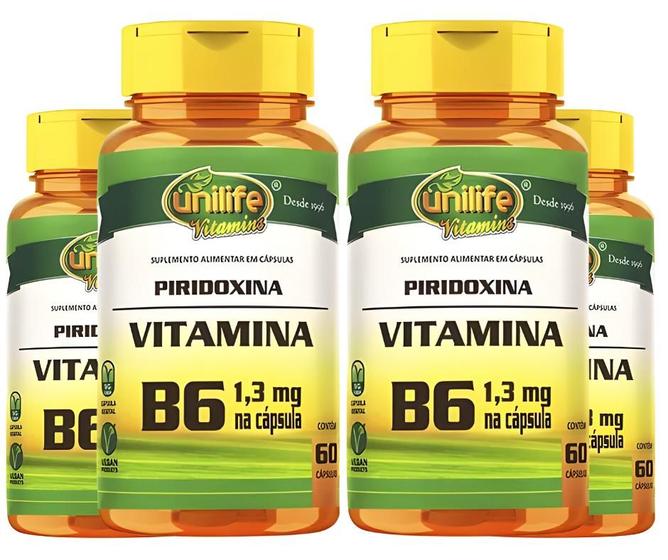 Imagem de KIT C/4 Vitamina B6 Piridoxina 500mg 120 Caps Vegan Unilife