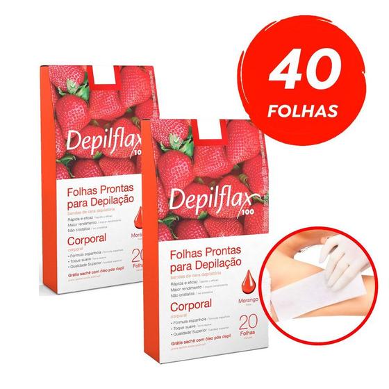 Imagem de Kit c/ 40 Folhas Prontas Depilação Corporal Depilflax Morango 2cx c/ 20un