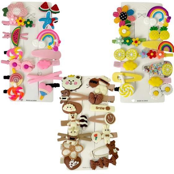 Imagem de Kit C/ 42 Presilhas Meninas Prendedor de Cabelo Sortidas Bico de Pato Tic Tac Laço Flor Etc MOD I, MOD J e MOD P