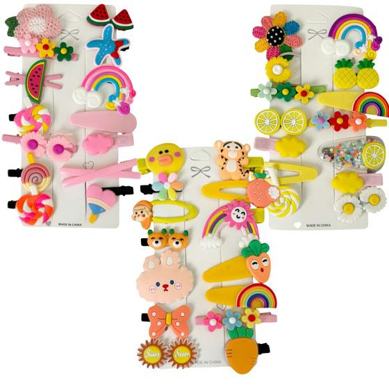 Imagem de Kit C/ 42 Presilhas Meninas Prendedor de Cabelo Sortidas Bico de Pato Tic Tac Laço Flor Etc MOD I, MOD J e MOD T