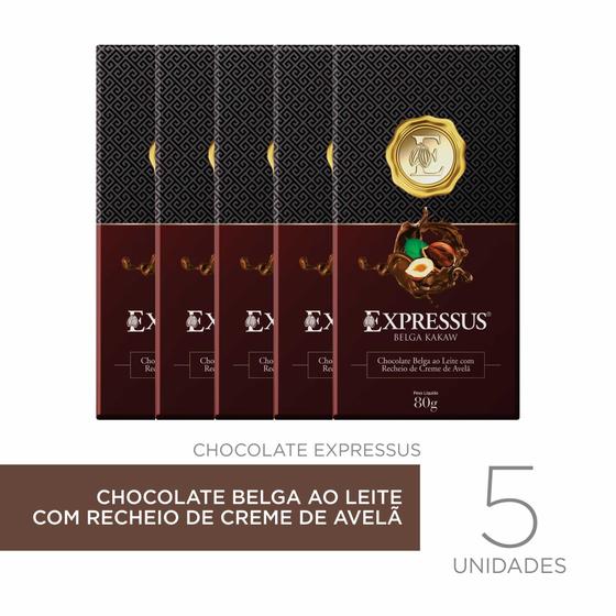 Imagem de Kit c/5 Barras de Chocolate Expressus Kakaw Belga ao Leite com Recheio de Avelã