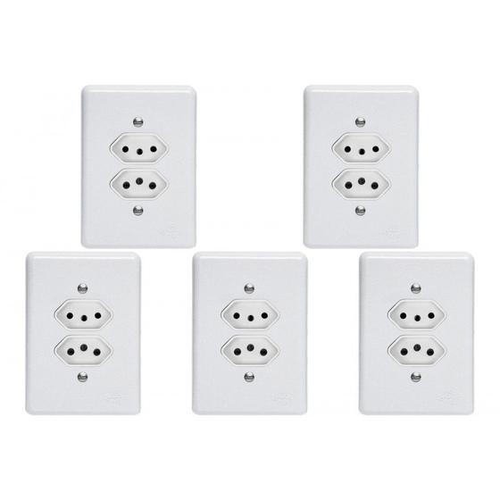 Imagem de Kit C/5 - Conjunto Perlex''Branca''Com Placa(2Tomadas 10/...