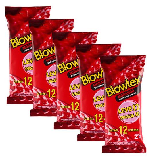 Imagem de kit c/ 5 Pacotes Preservativo Blowtex Morango Leve 12 Pague 10