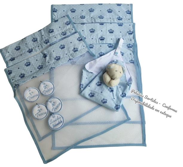 Imagem de Kit c/ 5 Saquinhos Maternidade em Tule com zíper e viés Diversas Estampas e Tags Bordados + Naninha com Pelucia