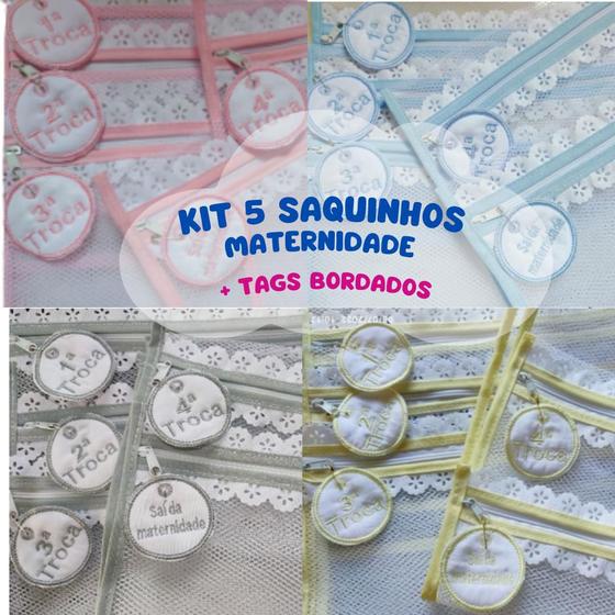 Imagem de Kit c/ 5 Saquinhos Maternidade Organizadores para Bolsa Maternidade em TULE + TAGS Bordadas.