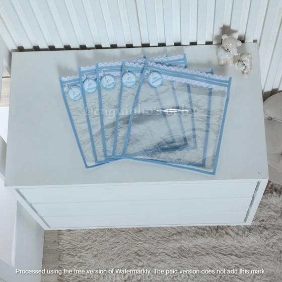 Imagem de Kit c/ 5 Saquinhos Para Bolsa de Maternidade - em Plástico Cristal com Zíper e Viés + TAGS BORDADAS