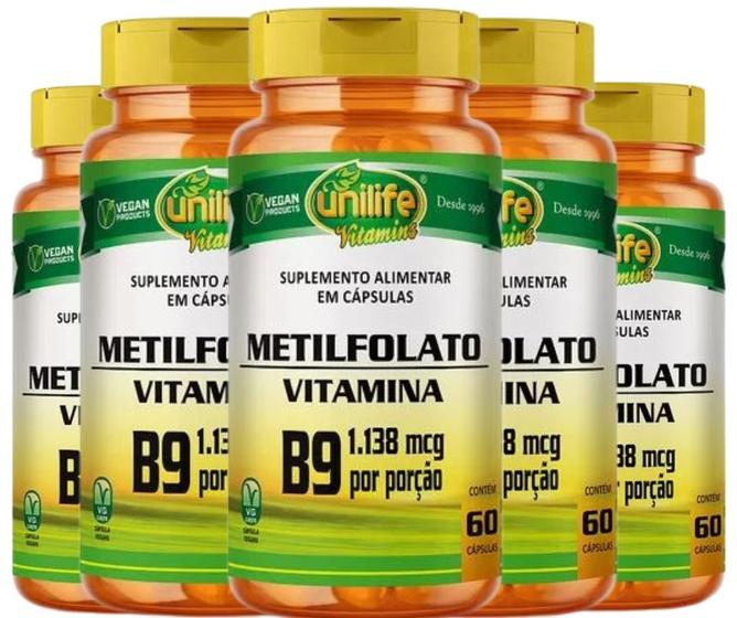 Imagem de KIT C/5 Un. Suplemento Metilfolato B9 1.138mcg 60 Cápsulas - Unilife