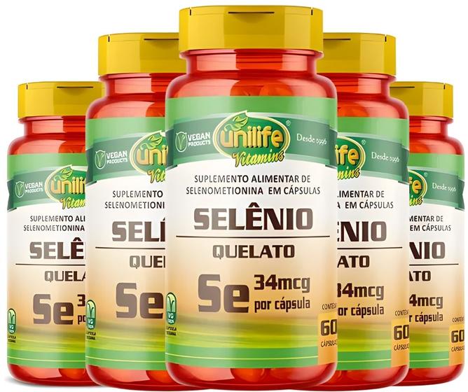 Imagem de KIT C/5 Un. Suplemento Selênio Quelato Se 500mg 60 Cápsulas Vegano - Unilife